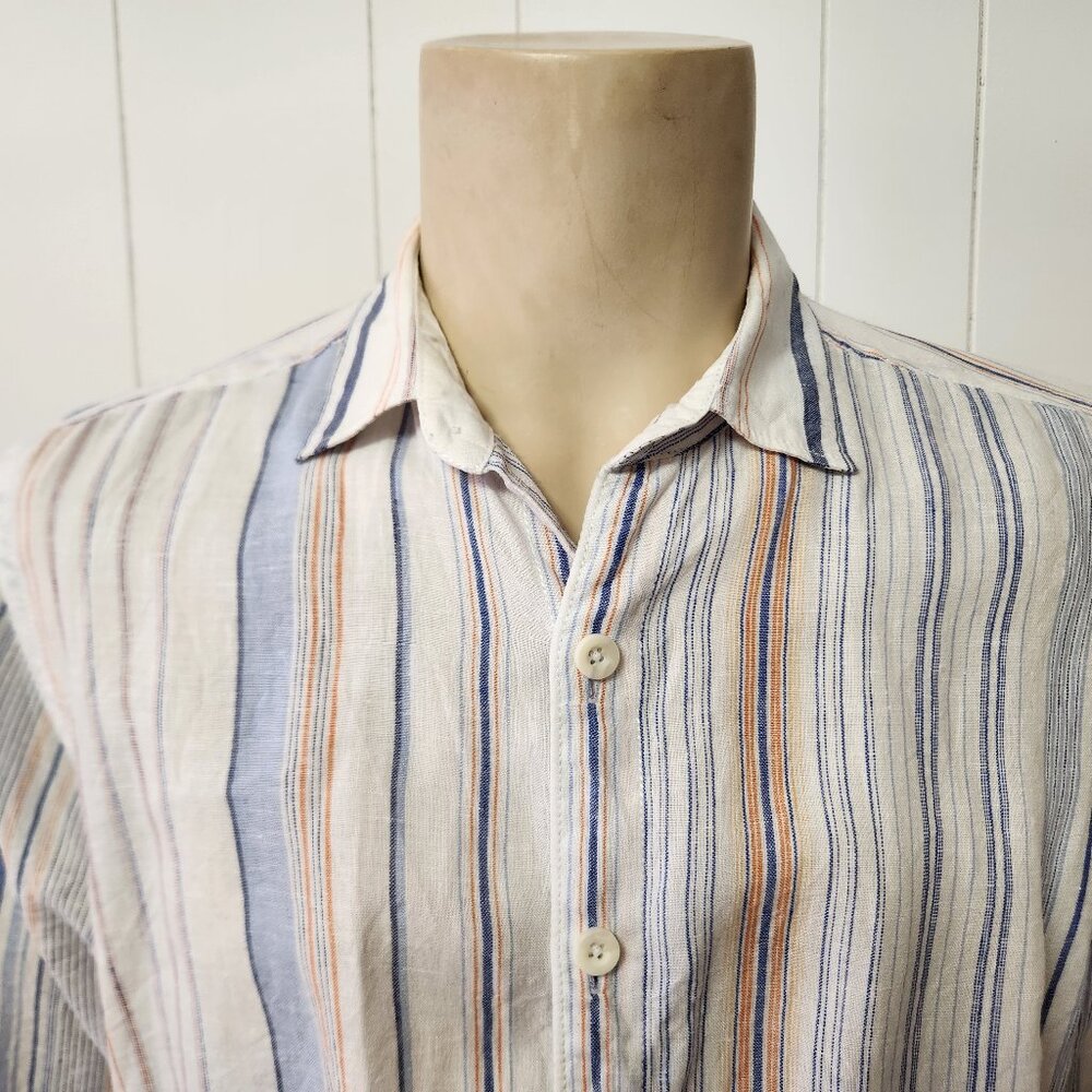 Tommy Bahama shirt M 100% linen white blue orange stripe